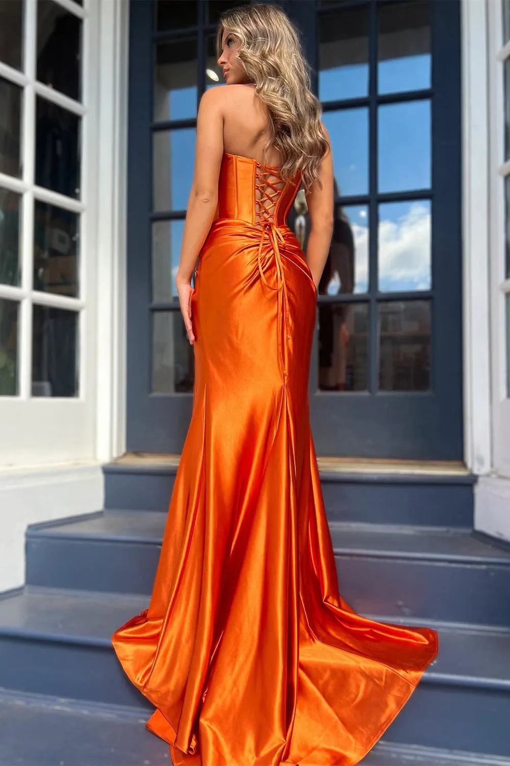 Wholesale Stylish Mermaid Strapless Lace Up Long Satin Prom Dress With Split prom dresses with long sleeves